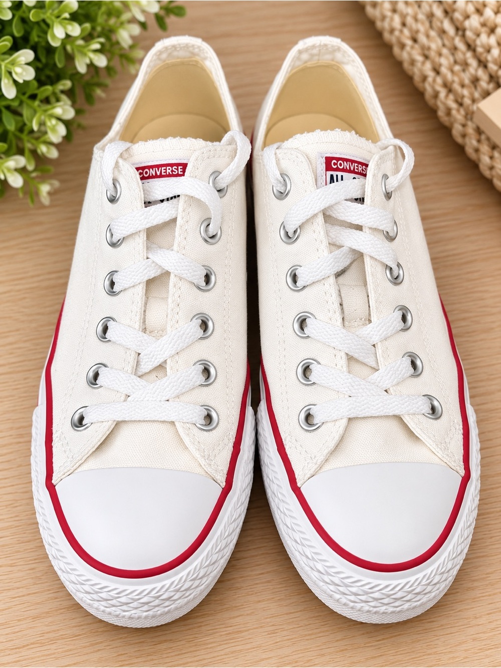 Converse Women's Low Top Canvas Sneakers in Cream with Red Accent